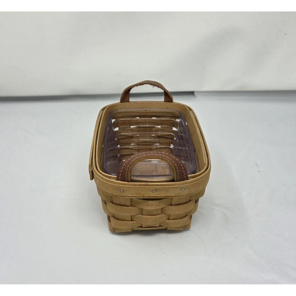 Longaberger 2003 Small Handwoven Basket Leather Handles Plastic‎ Protector EUC
